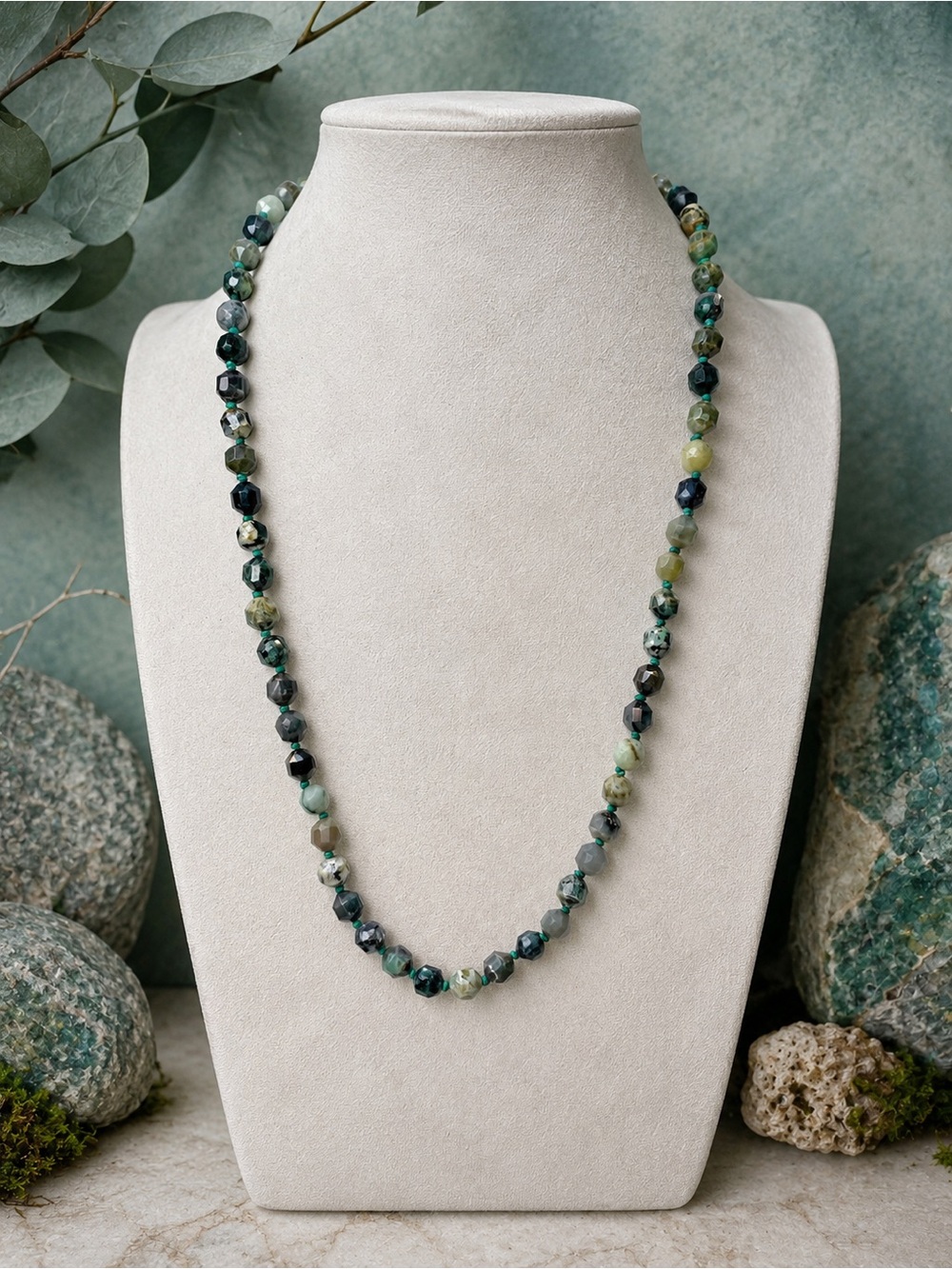 20” Natural Emerald Hand Knotted Aprilsplace Necklace Faceted Energy Prism